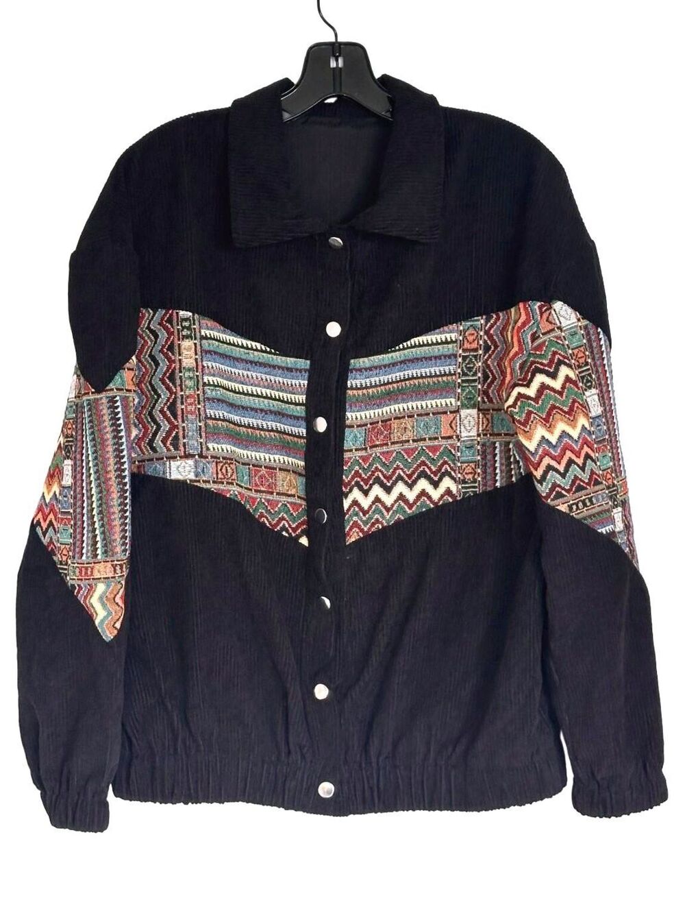 Black Corduroy Geometric Aztec Tapestry Snap Front Unisex Jacket - Size L
